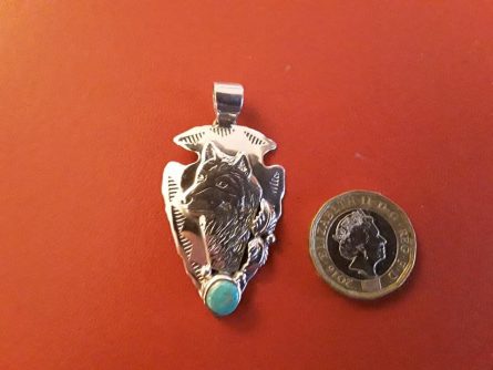 Silver Wolf Head in arrow with Turquoise ball Pendant - Image 2